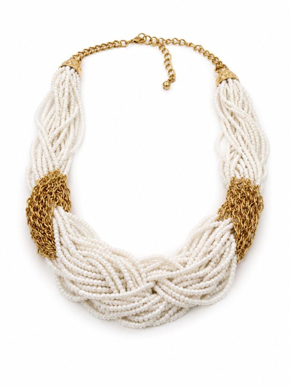 White Seed Bead Statement Necklace | Vintage Multi-Strand Gold Tone